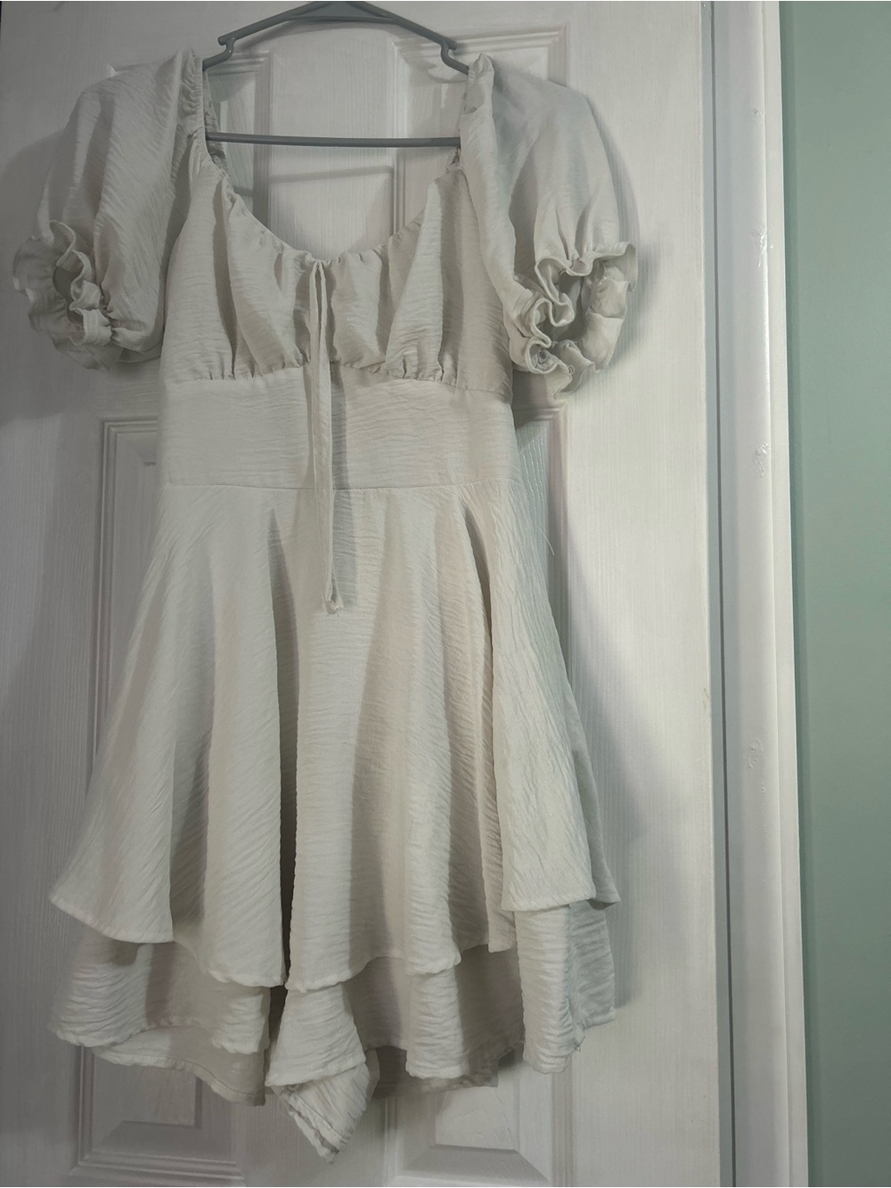 Ivory Puff-Sleeve Tiered Mini Dress